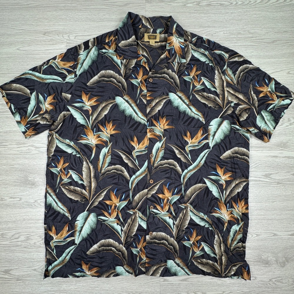 The Foundry Men's Shirt 2XLT Tropical Bird of Paradise Palm Rayon Camp Button Up